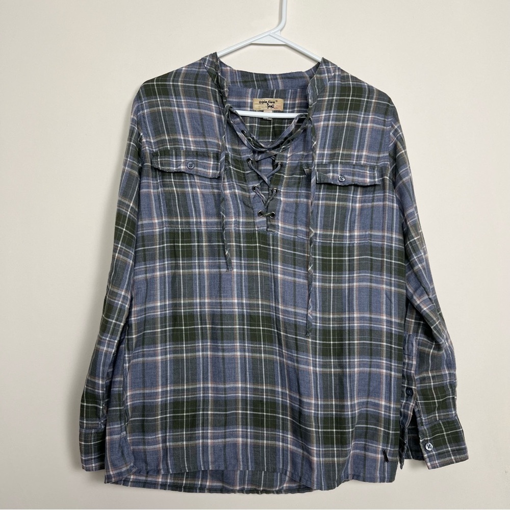 Triple Five Soul blue Plaid Flannel Lace-Up Long Sleeve Top Size L